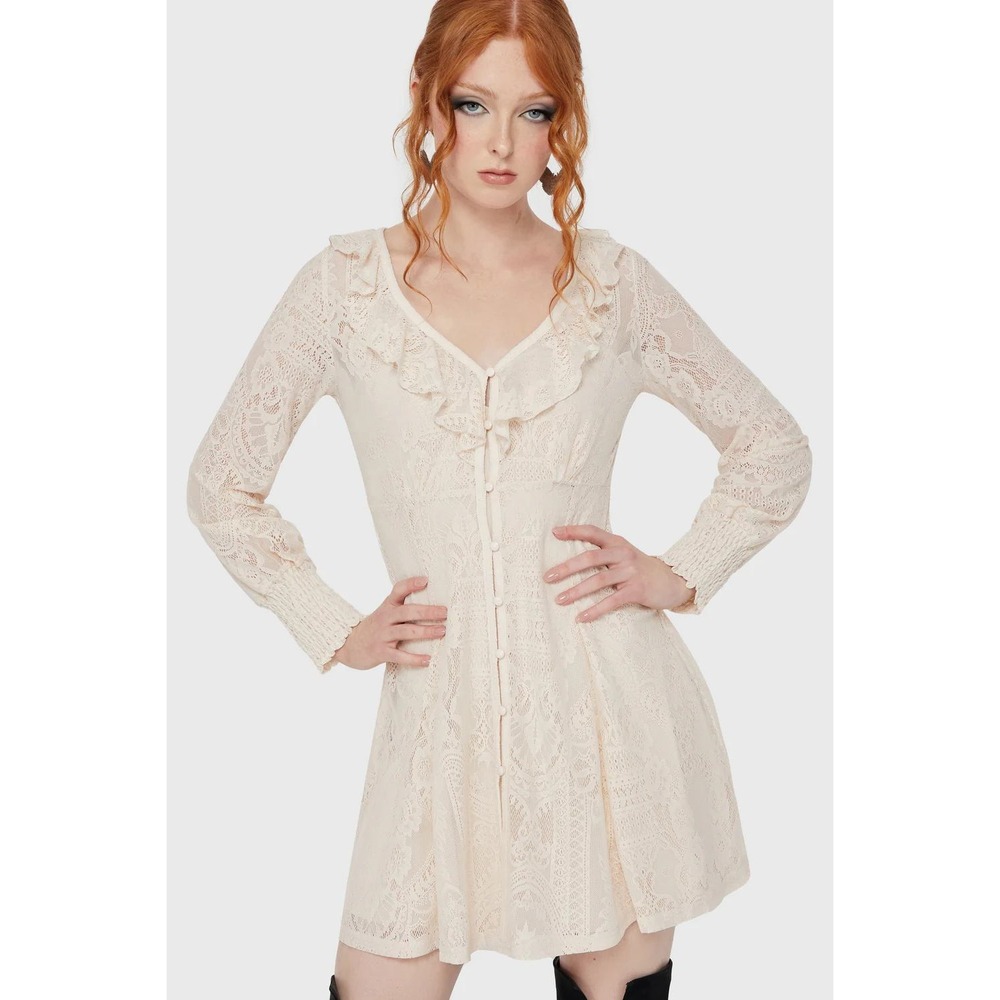 Killstar Cybele Cream Lace Ruffle V-Neck Button Front Long Sleeve Mini Dress